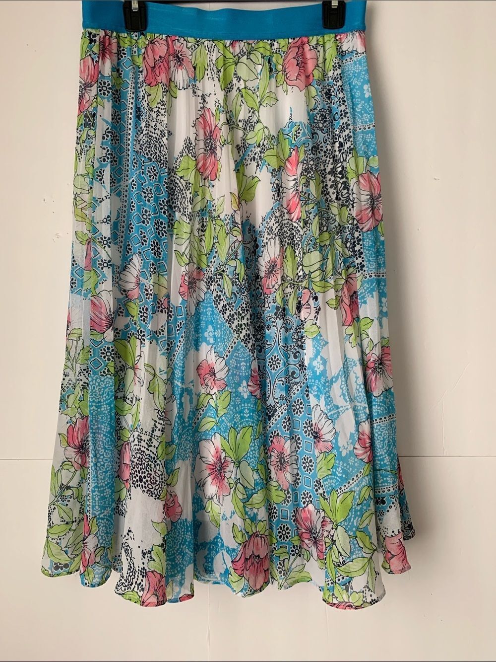 Ruby Rd Shiffon Floral Blue & Pink A-Line Skirt Elastic Waist Size MP